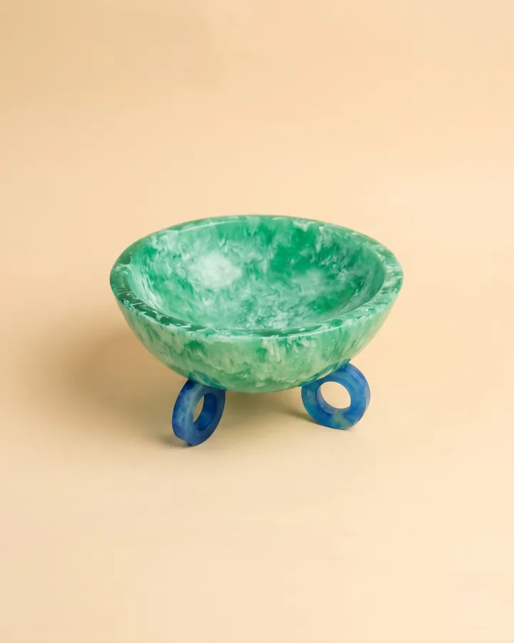 Emerald Green Resin Bowl with Cobalt Ring Pedestal