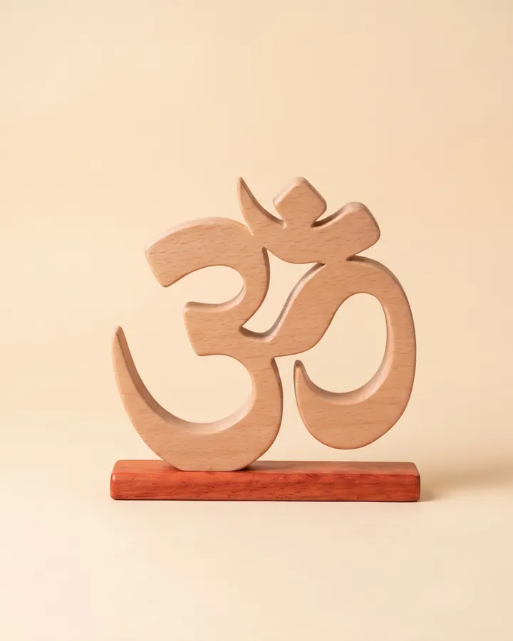 Handcrafted Wooden Om Sculpture with Stand